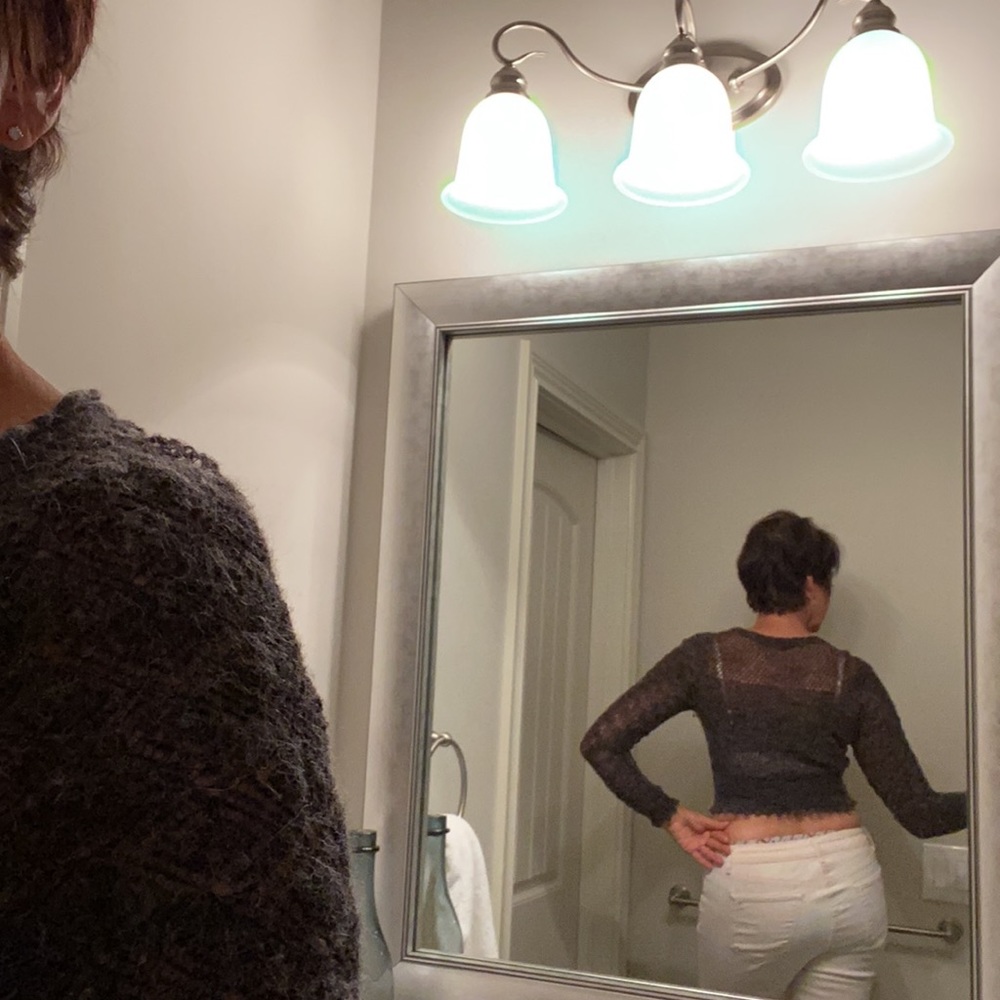 Knitted and Knotted delicate charcoal colored crop sweater. - Picture 2 of 6